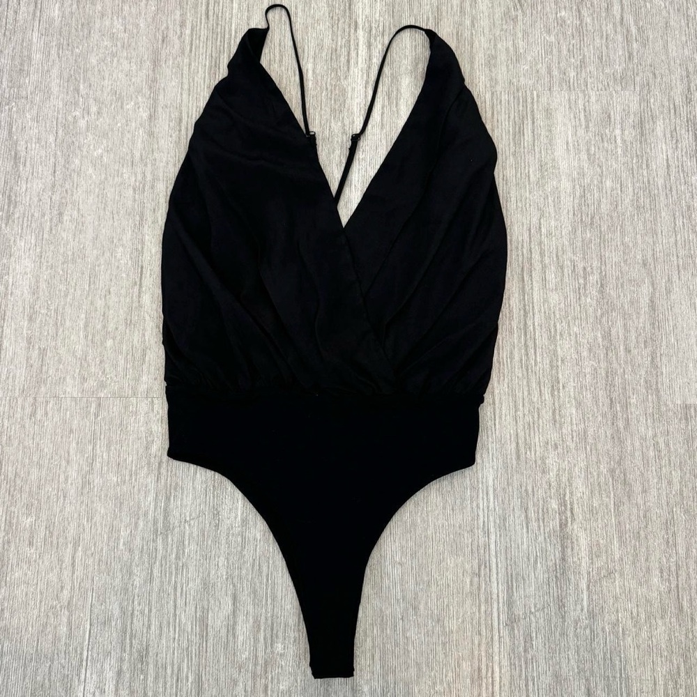 Alice + Olivia Black Plunge Wrap Bodysuit